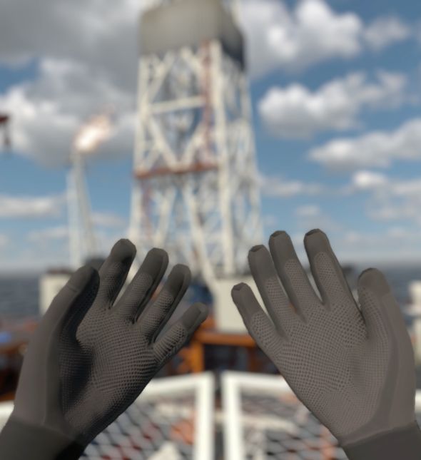 A screenshot of a VR game showing the user looking at their hands.