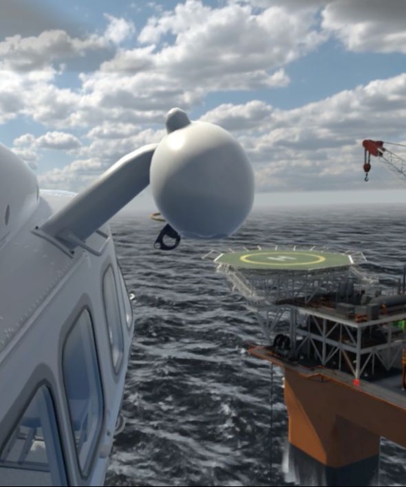 A screenshot of a VR game showing the right side of an helicopter approaching an oil rig
