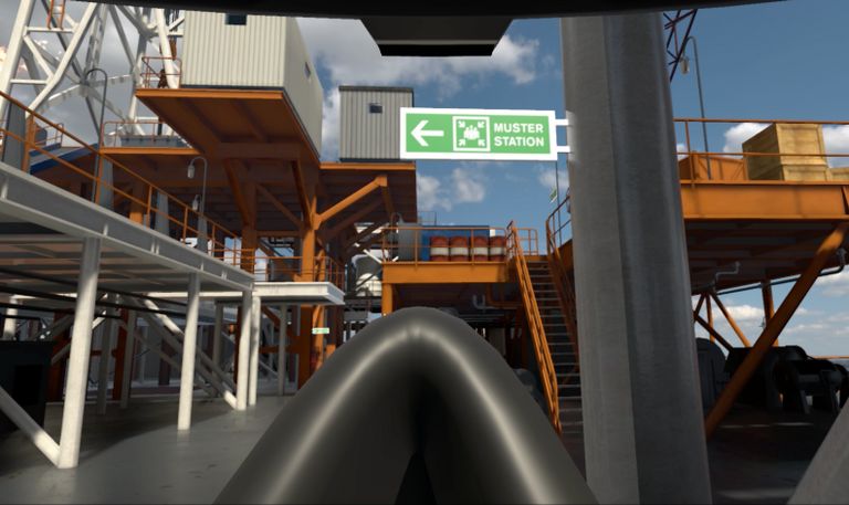 A screenshot of the ingame view of the player showing the oil rig in a first person perspective.