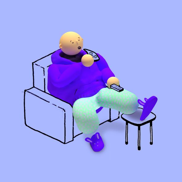 A 3D rendered avatar chilling in colorful sweatpants on an armchair with a remote control and bunny slippers just about to bite into a slice of pizza.