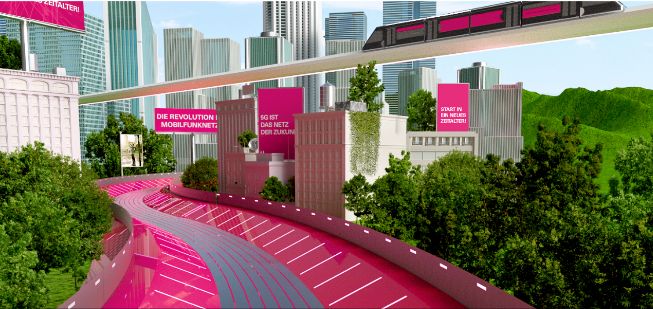 A screenshot of the game showing a futuristic city with a magenta racing track.