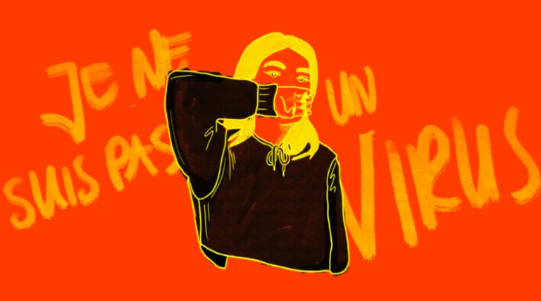 An illustration of an asian woman covering her mouth with her arm. The handwritten font behind her reads 'Je suis ne pas un virus'