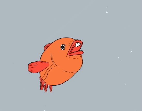 An illustration of an orange fish eating a piece of plastic floating in the ocean.