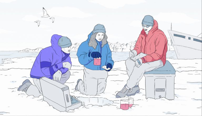 An illustration of three scientists in the antarctic taking water probes