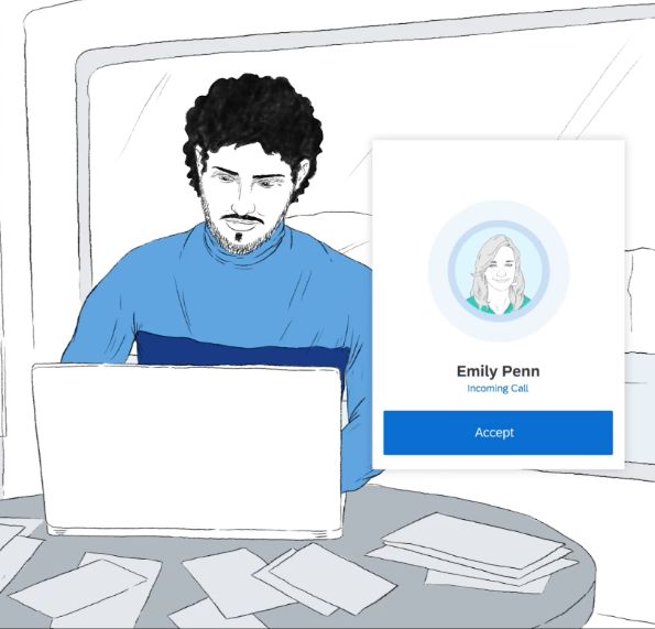 An illustration of a person sitting on aa laptop, an interface of an incoming call popping up next to him