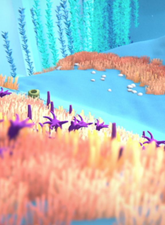 An image of a 3D underwater world with vivid blue colors and salmon colored plants populating the floor.