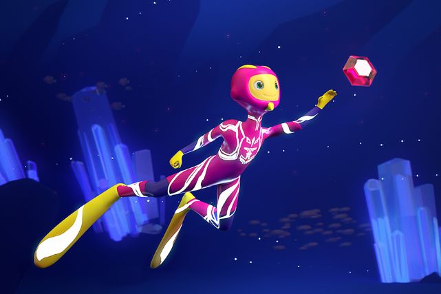 A 3D created diver in a cute style. They are floating underwater and trying to touch a gemstone.